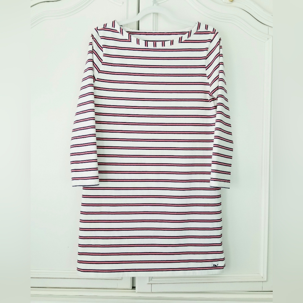 Vineyard Vines White Blue Pink Stripe 3/4 Sleeve Boatneck Short Tee Dress M